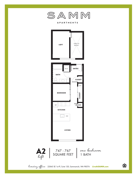Floor plan for 1 bed, 1 bath, 767 sqft